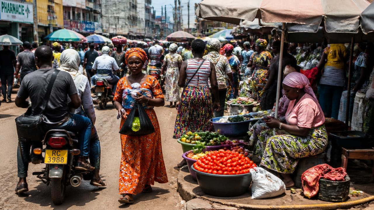 Marché urbain animé à Conakry, commerçantes et petits métiers du secteur informel